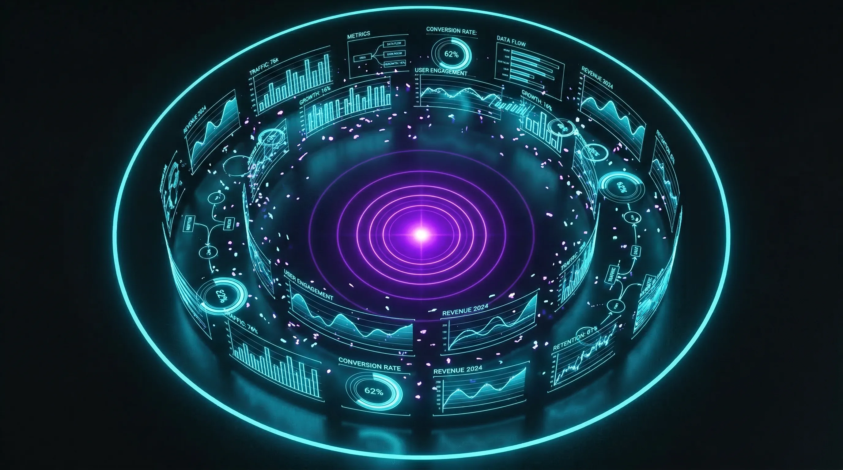 Holographic analytics ring and command dashboard.